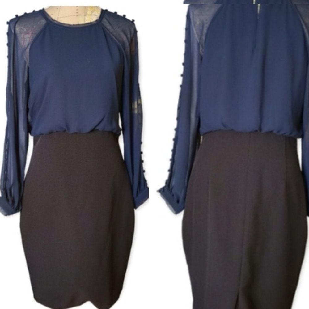 Badgley Mischka Size 10 Sheer Blue Chiffon Button Down Sleeves Black Mini Dress